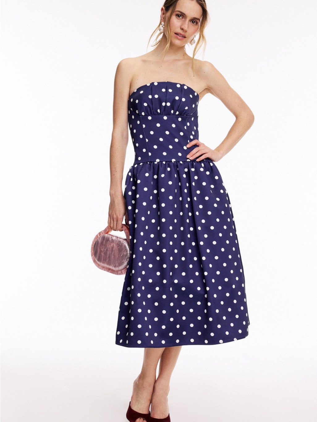 Self-Portrait Navy Polka Dot Strapless Midi Dress
